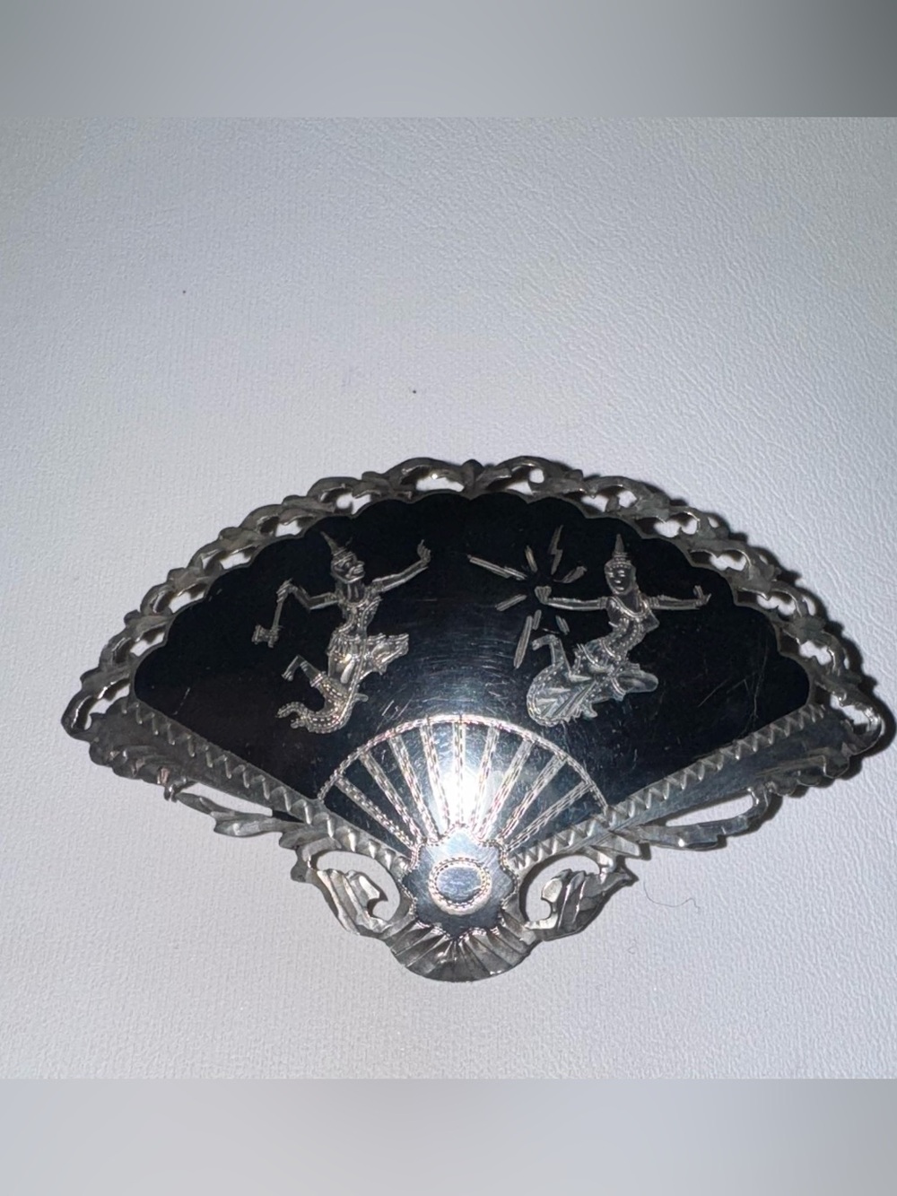 Vintage Siam Sterling 925 Neilloware Dancers Black Enamel Fan Brooch